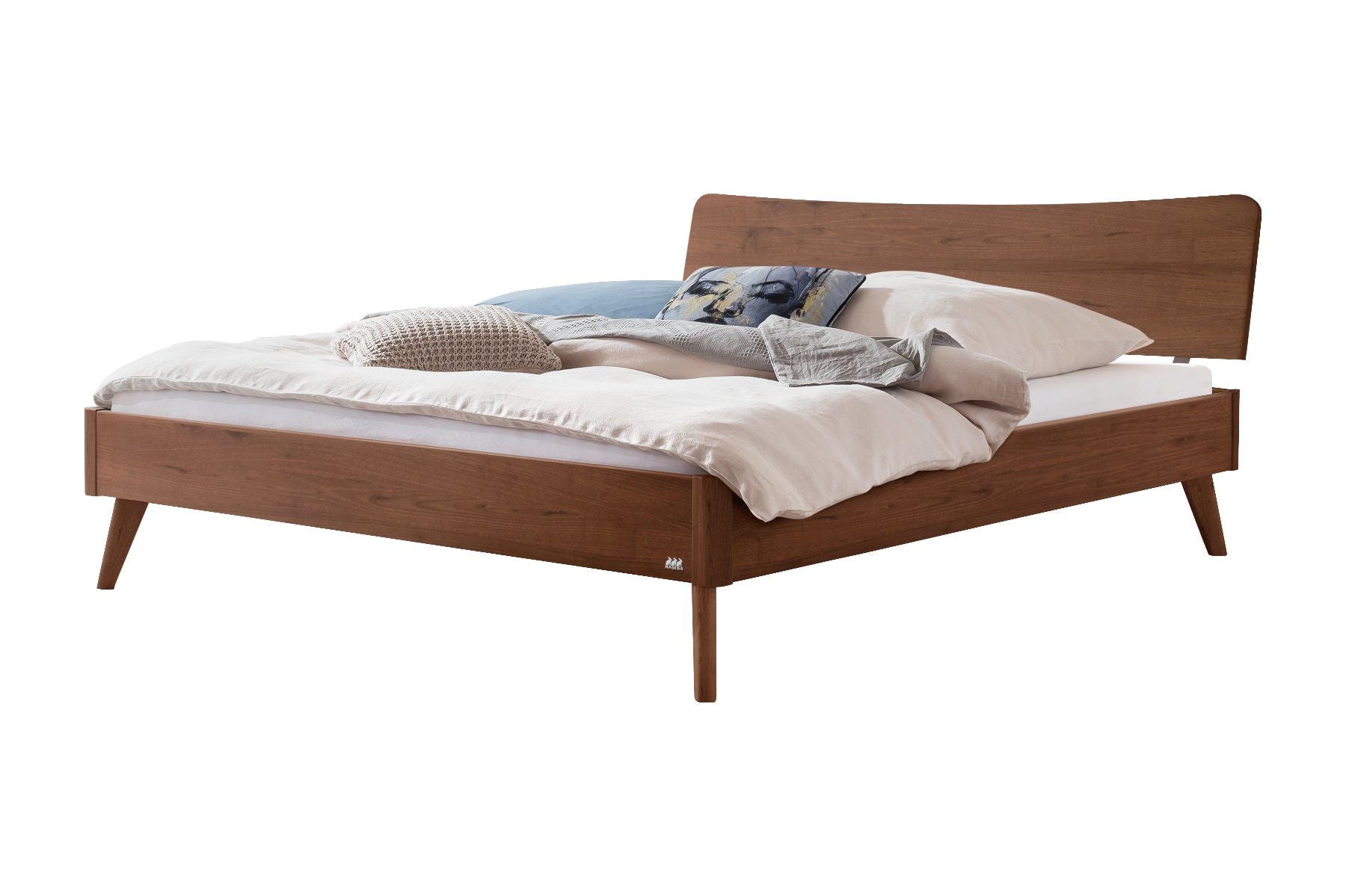 Bett LOUNGE Nussbaum massiv Kopfteil Wave